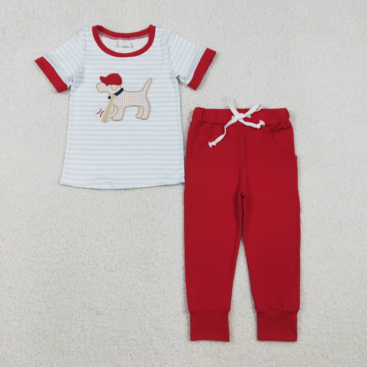 Embroidery Dog Baseballs Baby Boys Stripe Top Pockets Pants Team Clothes Sets