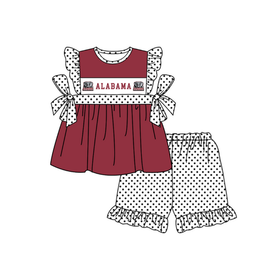 Preorder (moq 5)Baby Girls Red Alabama Tunic Polka Dots Ruffle Shorts Team Clothes Sets