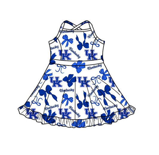 Preorder (moq 5)Baby Girls Strap Blue UK Bows Team Shorts Ruffle Knee Length Dresses