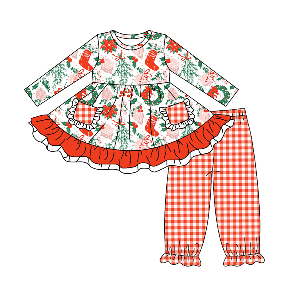 Baby Girls Christmas Tree Pockets Tunic Top Pants Clothes Sets Preorder(moq 5)