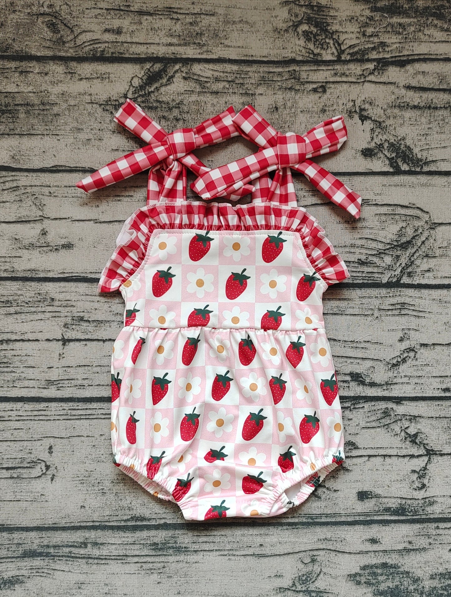 Baby Infant Girls Strawberry Red Checkered Straps Summer Rompers