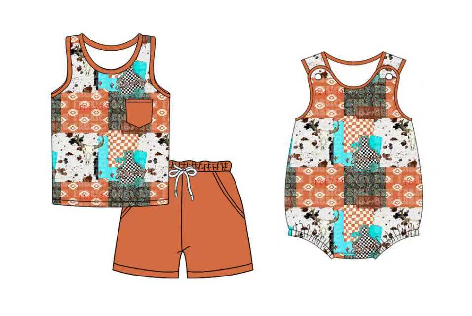 Preorder moq 5 (each item)Baby Boys Cow Print Aztec Checked Pocket Top Shorts Western Clothes Set Romper