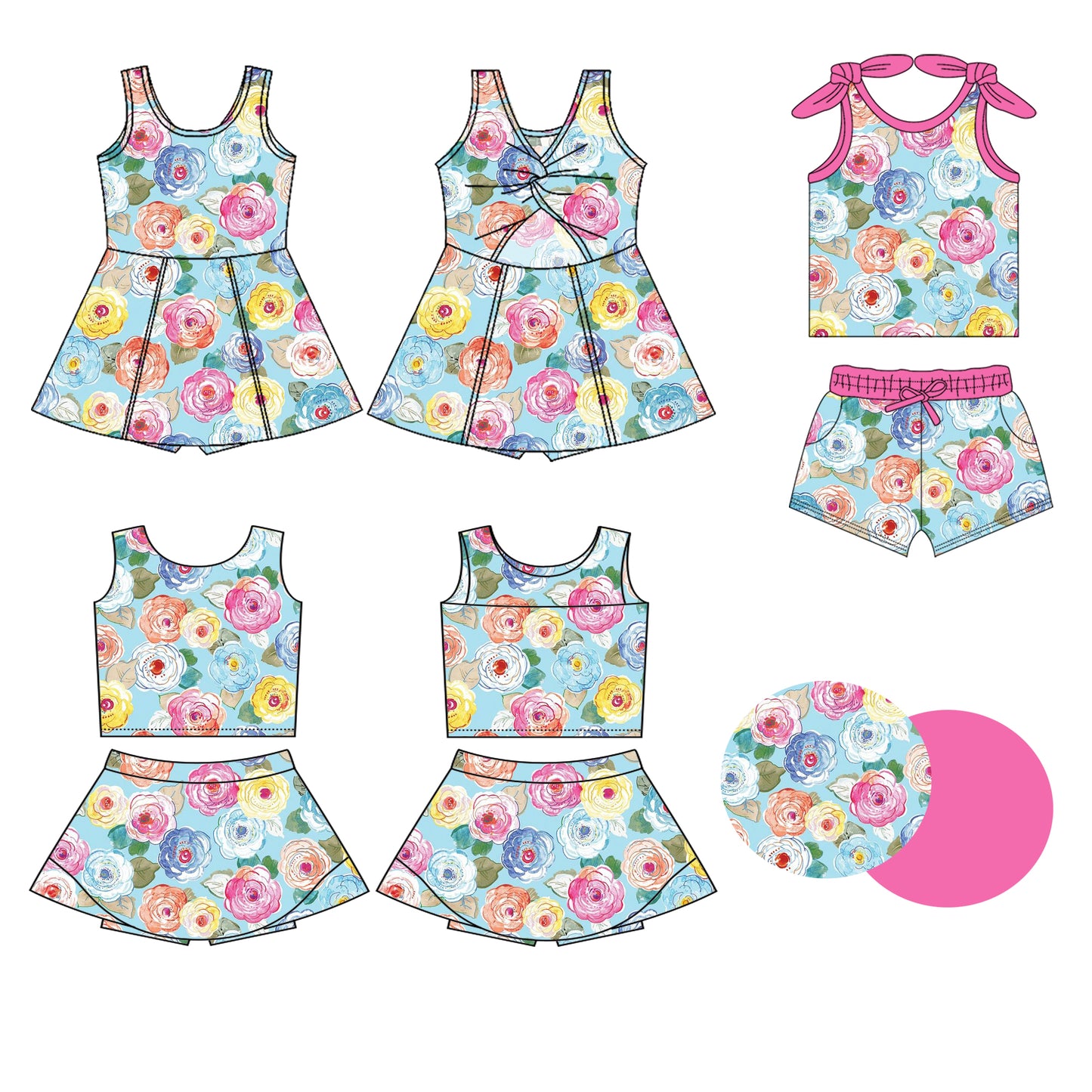 Preorder moq 5 Custom Baby Girls Sleeveless Colorful Flowers Top Skort Set Knee Length Dress Pockets Short Set