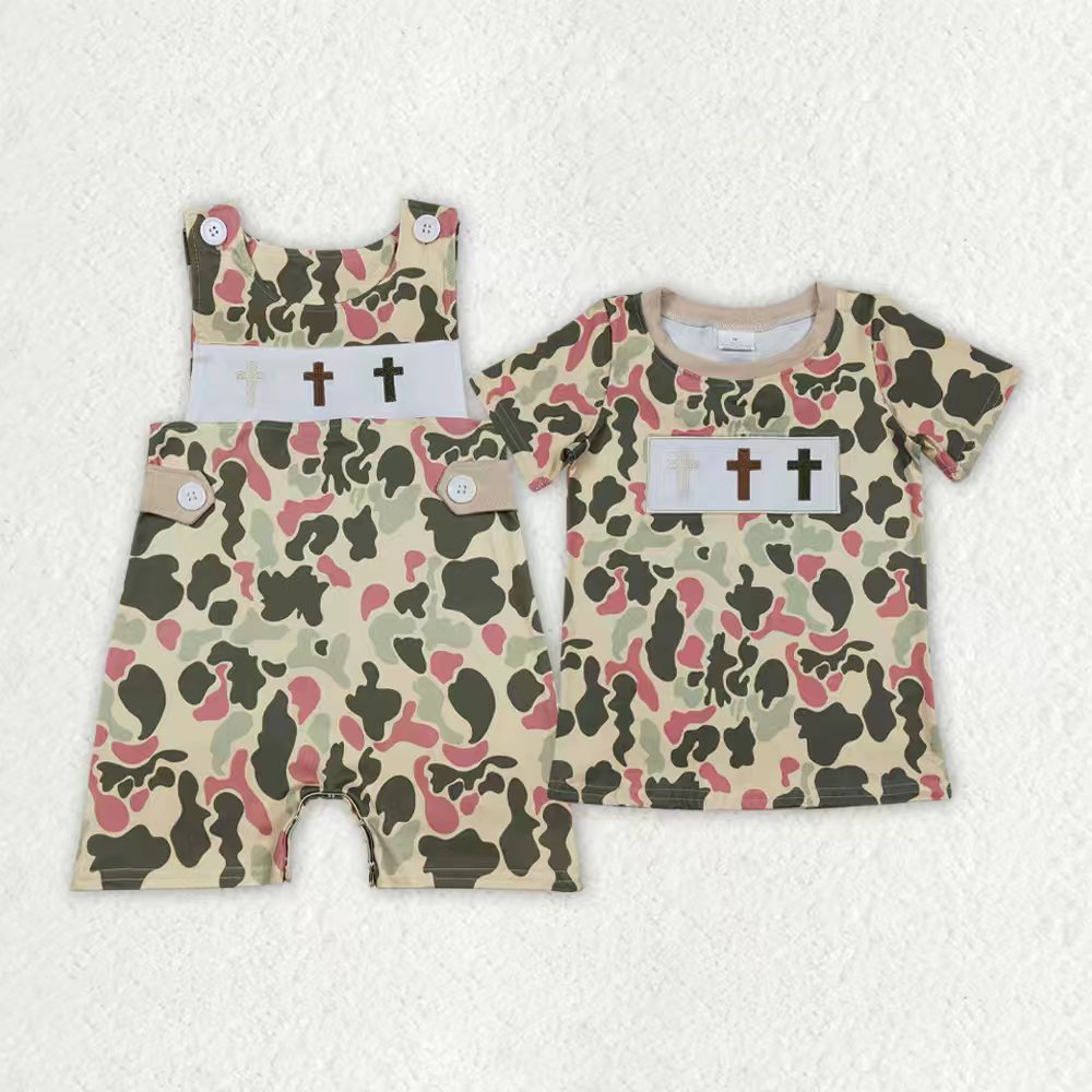 Sibling Baby Boys Embroidery Crosses Camo Easter T-shirts Shorts Rompers