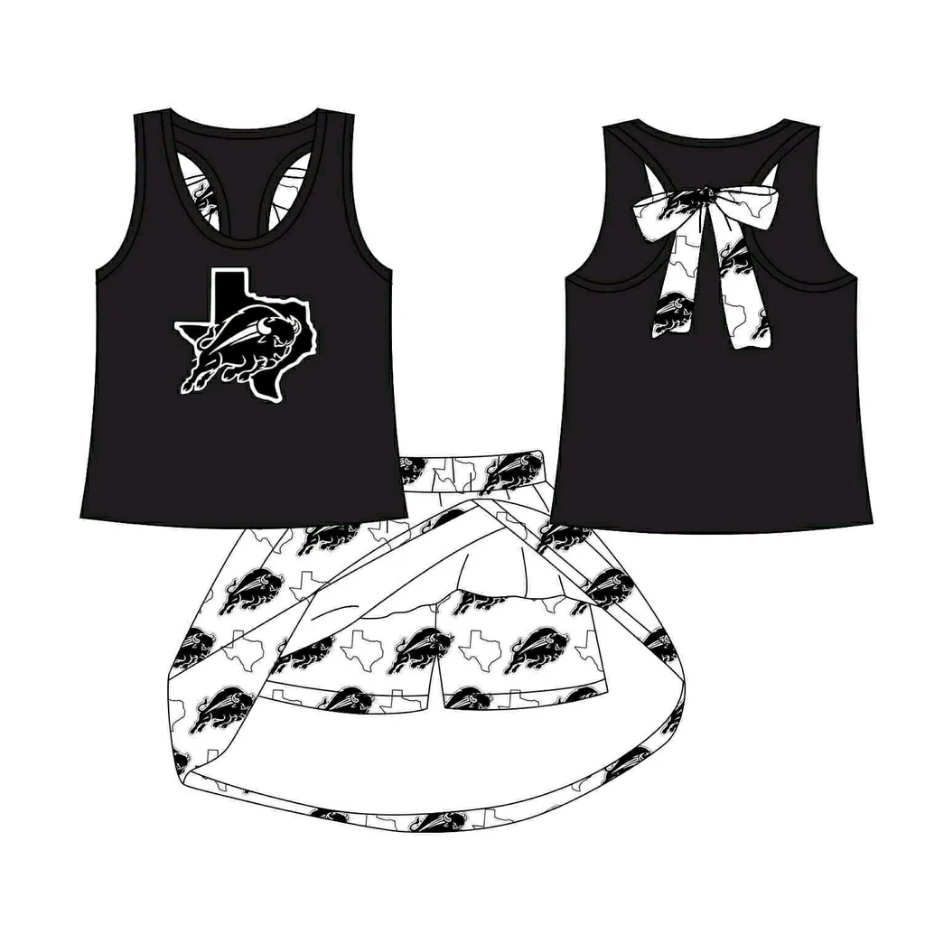 Preorder (moq 5)Baby Girls Black Cow bow vest team Top Skirt Skort Sets