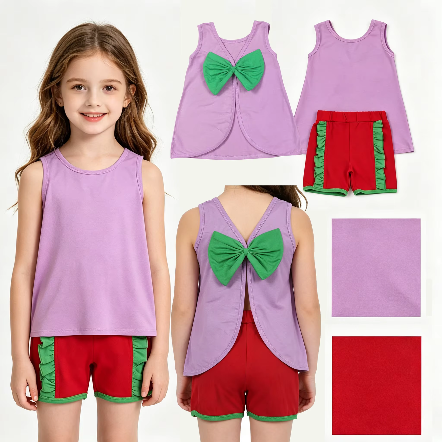 Baby Girls Purple Sleeveless Back Bows Tunic Red Shorts Clothes Sets