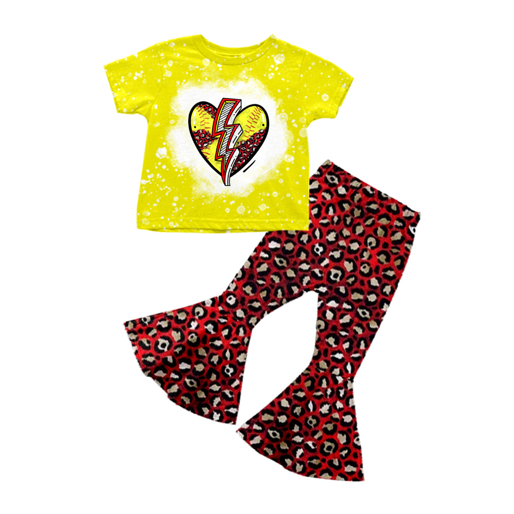 Baby Girls Softball Hearts Shirt Leopard Bell Pants Clothes Sets preorder(moq 5)