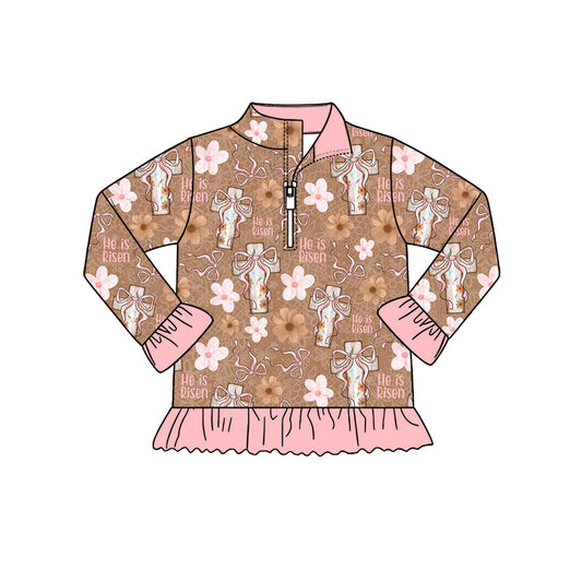 Preorder (moq 5) Baby Girl Clothes He Is Risen Cross Floral Allover Print Long Sleeve Quarter Zip Ruffle Hem Top