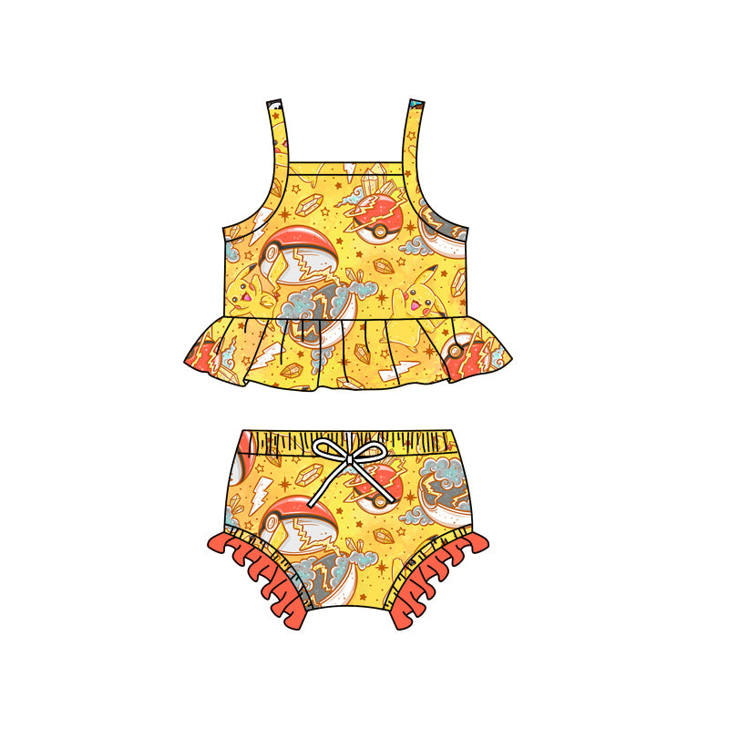 Preorder (moq 5)Baby Girls Cartoon Cats Straps Top Two Pieces Swimsuits