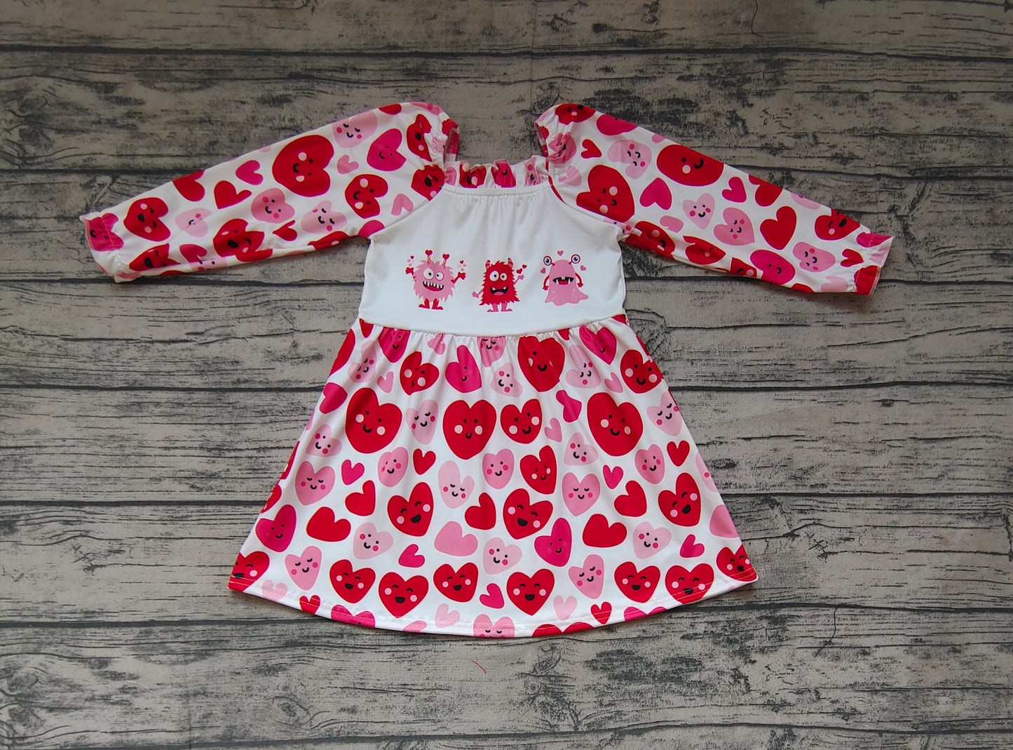 Baby Girls Valentines Monster Long Sleeve Red Knee Length Dresses