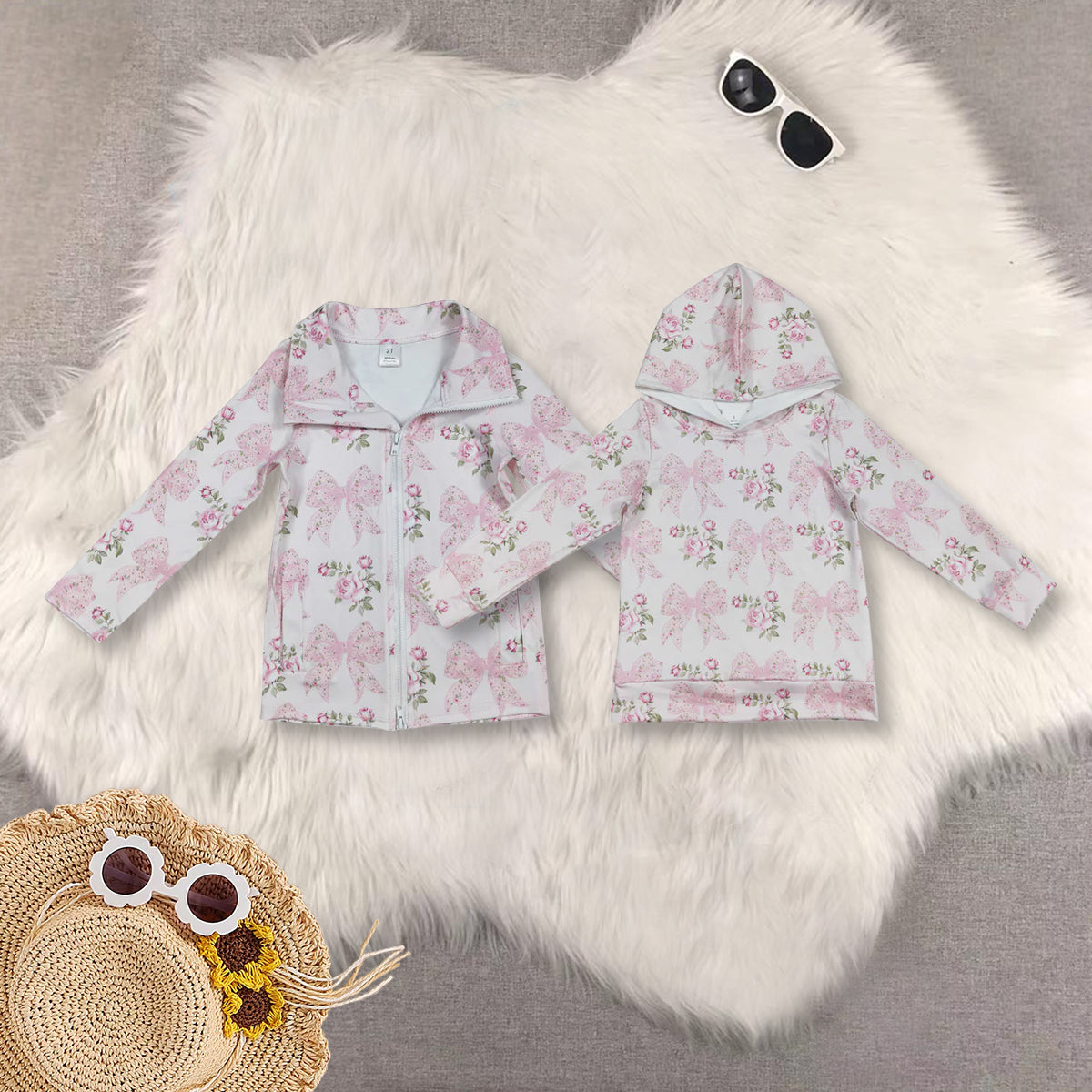 Sibling Baby Girls Long Sleeves Pink Floral Bows Hoodies Pullovers Tops