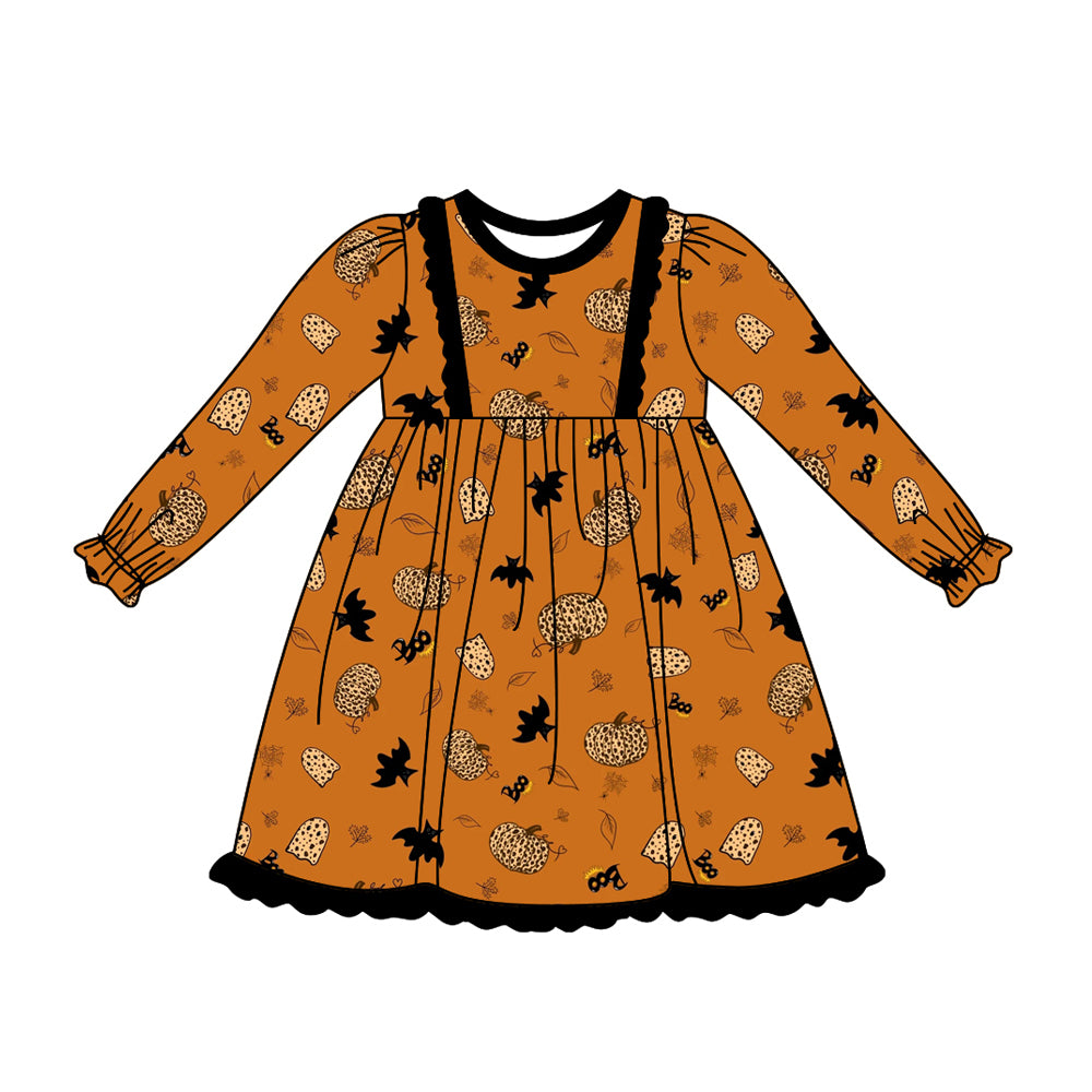 Baby Girls Halloween Pumpkin Leopard Long Sleeve Knee Length Dresses Preorder(moq 5)