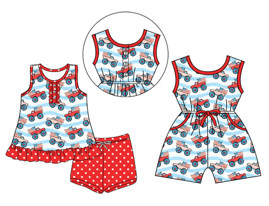 Preorder moq 5 Custom Baby Girls Red Sleeveless Button Trucks Tunic Polka Dots Short Set Pockets Jumpsuits