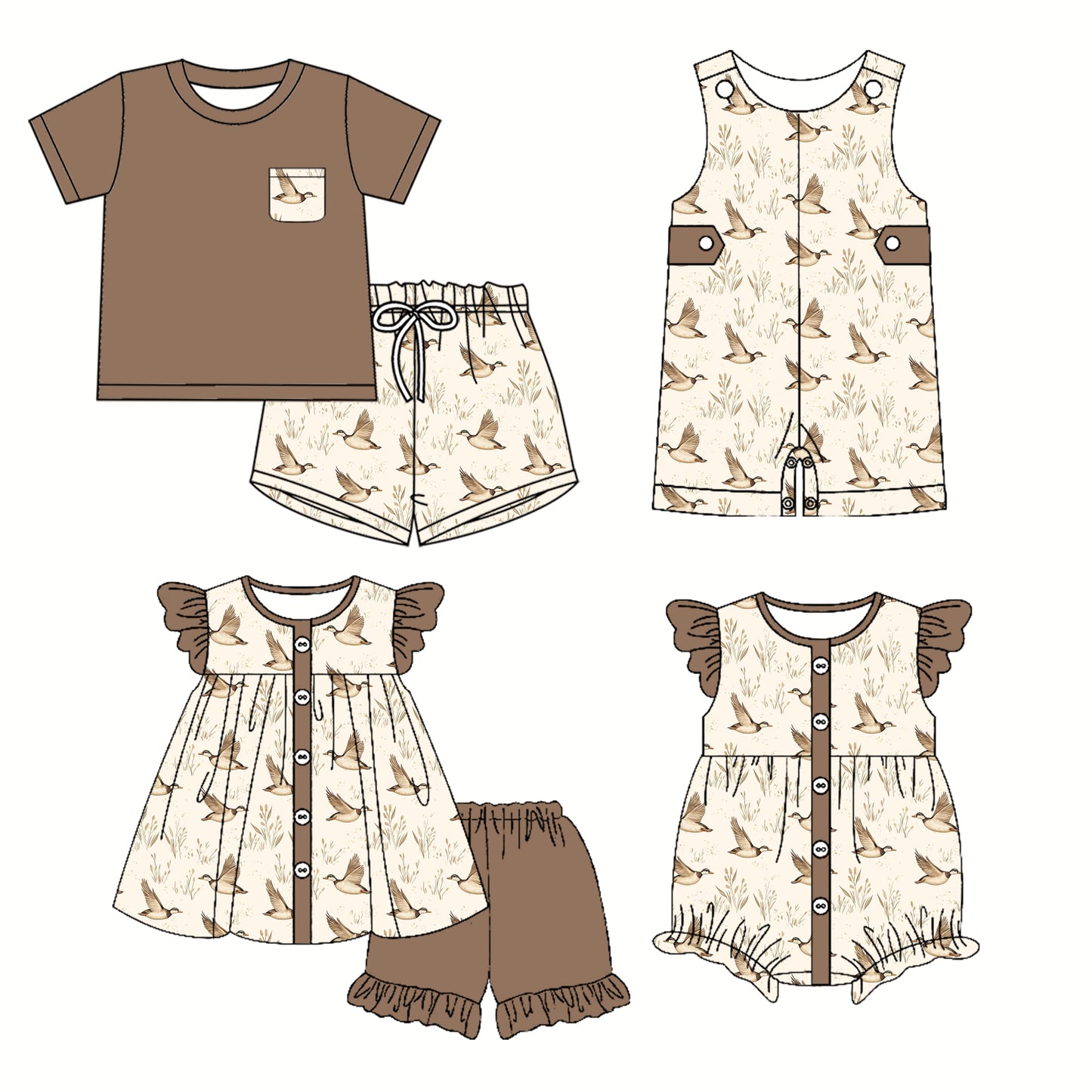 Preorder moq 5 Custom Baby Kids Brown Button Pocket Ducks Top Short Sets Rompers