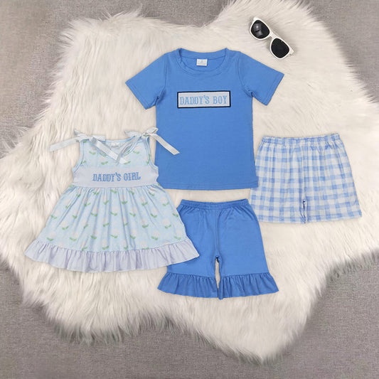 Sibling Baby Kids Blue Embroidery DADDY'S BOY GIRL Top Plaid Shorts Sets