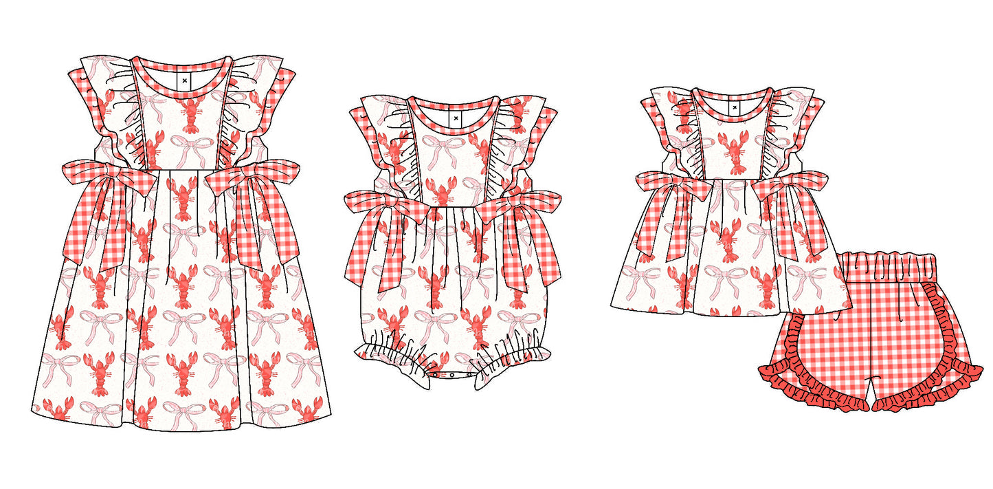 Preorder(moq 5 each) Baby Girls Red Crawfish Bows Romper Dress Shorts Sets