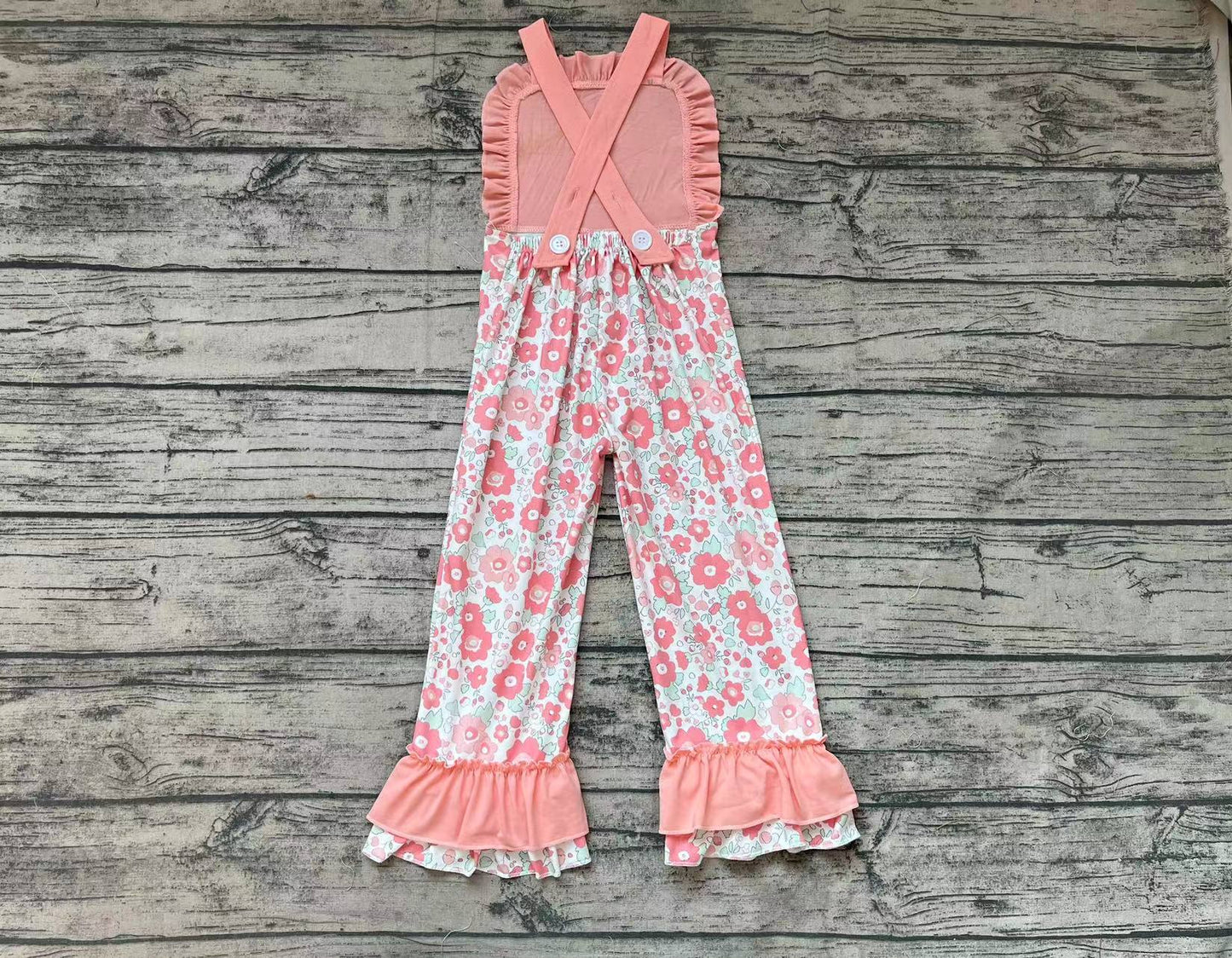 Baby Girls Pink Flowers Straps Ruffle Pants Jumpsuits