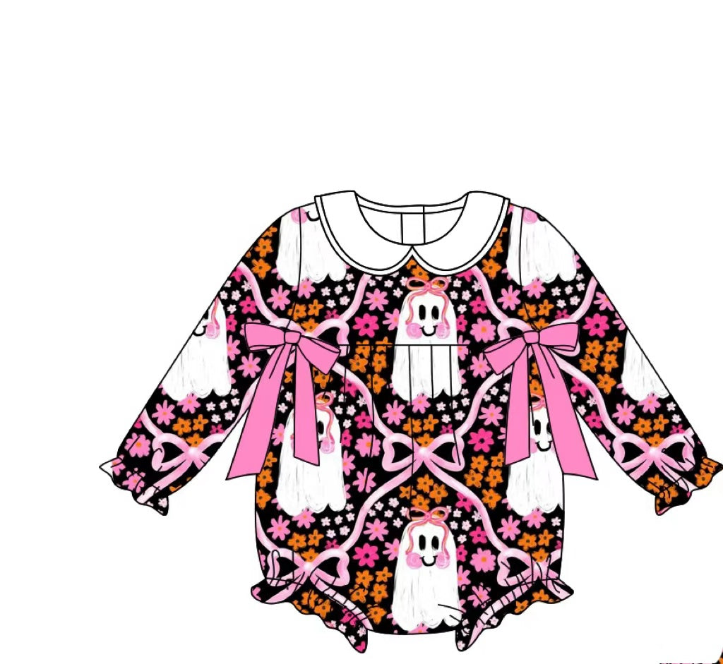 Preorder(moq 5)Baby Infant Girls Flowers Ghosts Bows Halloween Ruffle Rompers