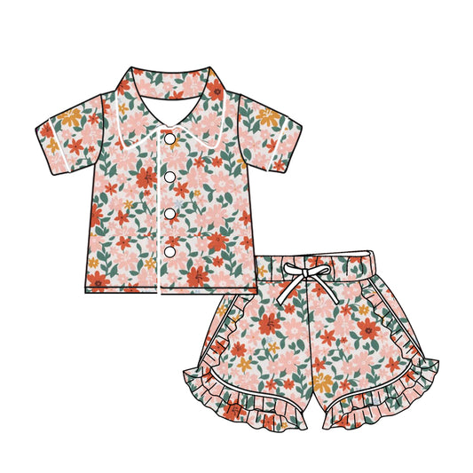 Baby Girls Pink Flowers Buttons Top Ruffle Shorts Pajamas Sets preorder(MOQ 5)