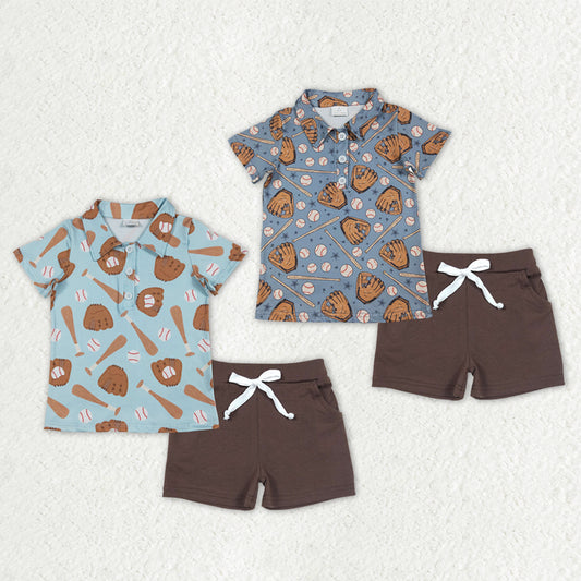 Sibling Baby Boys Baseballs Button Polo Shirts Pockets Short Team Clothes Set