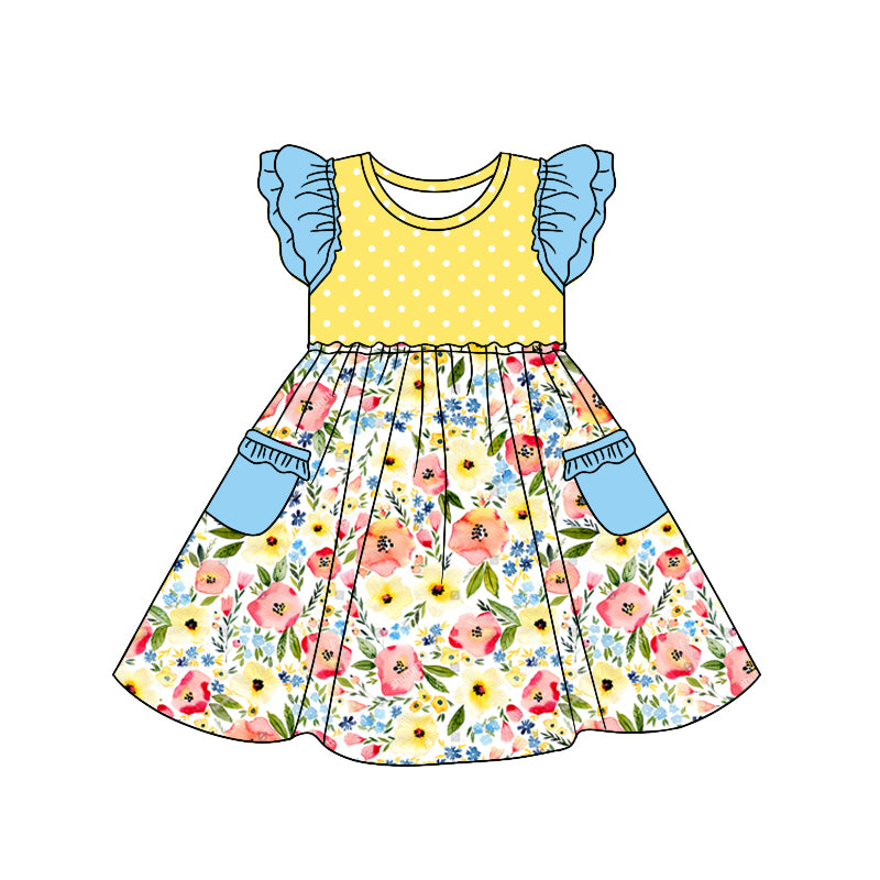 Baby Girls Flutter Sleeve Yellow Flowers Pockets Knee Length Dresses preorder (moq 5)