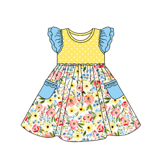 Baby Girls Flutter Sleeve Yellow Flowers Pockets Knee Length Dresses preorder (moq 5)