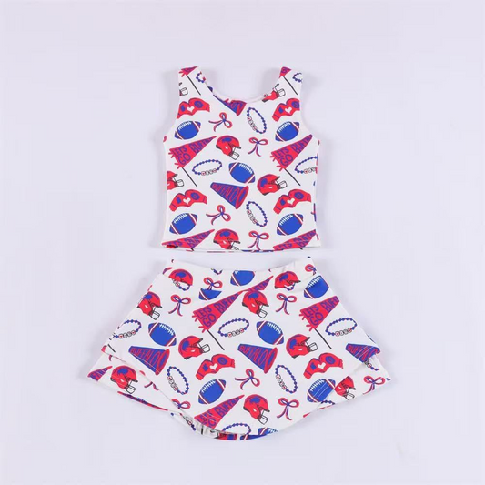 Preorder moq 5 Baby Girls Sleeveless Blue Football Cheer Plaid Vest Top Skorts Team Set