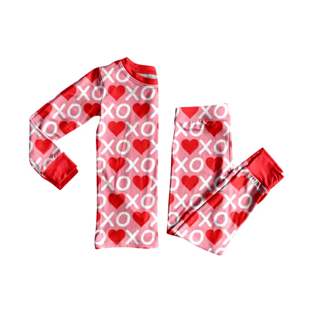 Preorder (moq 20)Baby Girls Bamboo Red Hearts XO Valentine Pajamas Sets