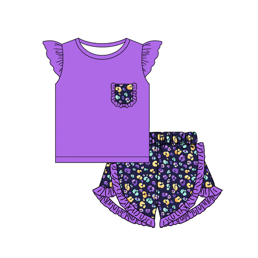 Preorder (moq 5)Baby Girls Purple Pocket Shirt Ruffle Leopard Shorts Clothes Sets