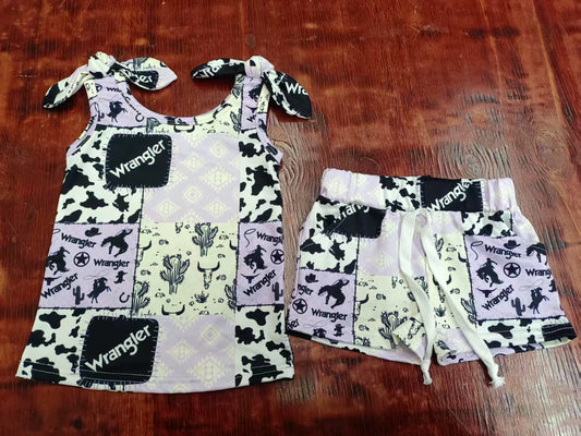Preorder moq 5 Baby Girls Strap Cow Print Bull Skull Top Pockets Short Set