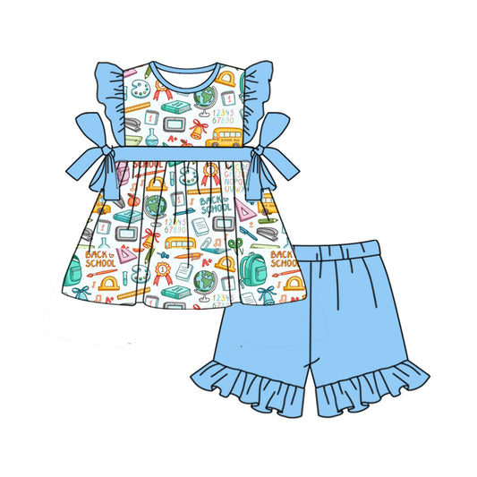 Baby Girls Back To School Buses Bows Tunic Top Ruffle Shorts Clothes Sets preorder(moq 5)