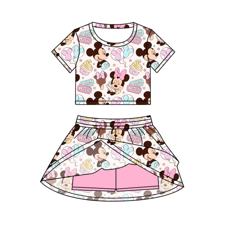 Preorder (moq 5)Baby Girls Pink Mouse Magic Cartoon Top Skirt Skort Sets