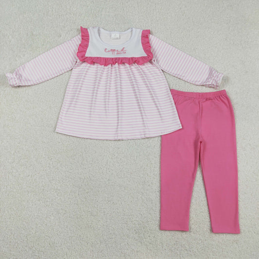 Embroidery Love John 3:16 Baby Girls Pink Stripe Tunic Leggings Valentines Clothes Sets