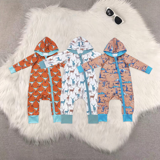 Sibling Baby Infant Kids Hooded Western Cactus Zipper Long Sleeve Rompers