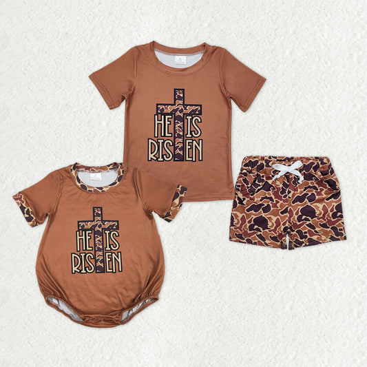 Sibling Baby Boys Brown Camo Cross He is Risen Pockets Shorts Easter Clothes Set Rompers