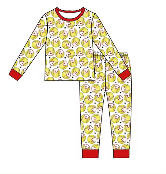 Baby Boys Softball Hearts Long Sleeve Shirt Pants Pajamas Clothes Sets Preorder(moq 5)