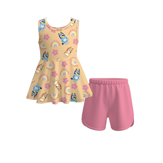 Baby Girls Dogs Rainbow Sleeveless Tunic Top Shorts Clothes Sets preorder (moq 5)