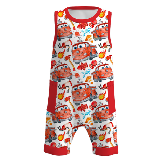 Baby Boys Racing Yellow Cars Pocket Sleeveless Rompers preorder(moq 5)