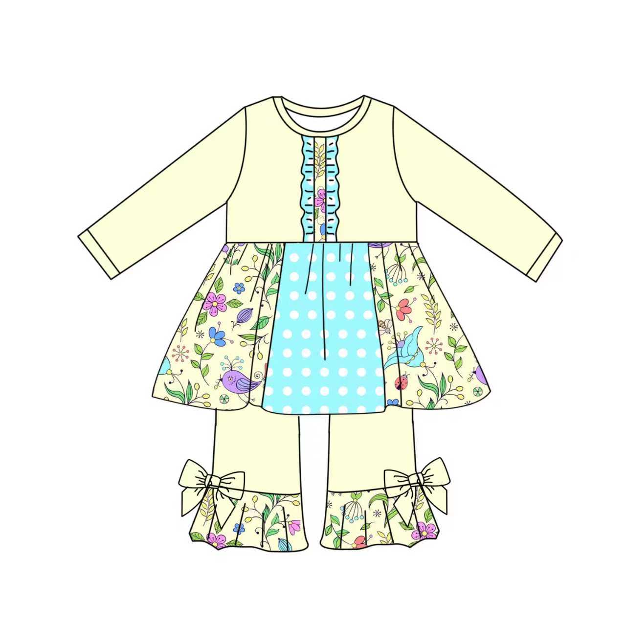 Preorder (moq 5)Baby Girls Colorful Flowers Button Tunic Ruffle Pants Clothes Sets