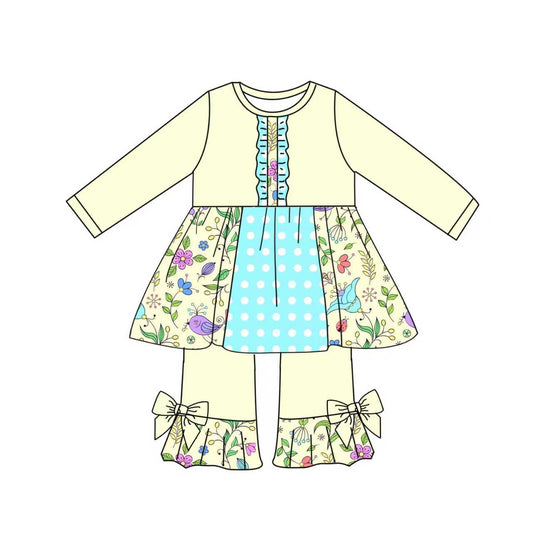Preorder (moq 5)Baby Girls Colorful Flowers Button Tunic Ruffle Pants Clothes Sets