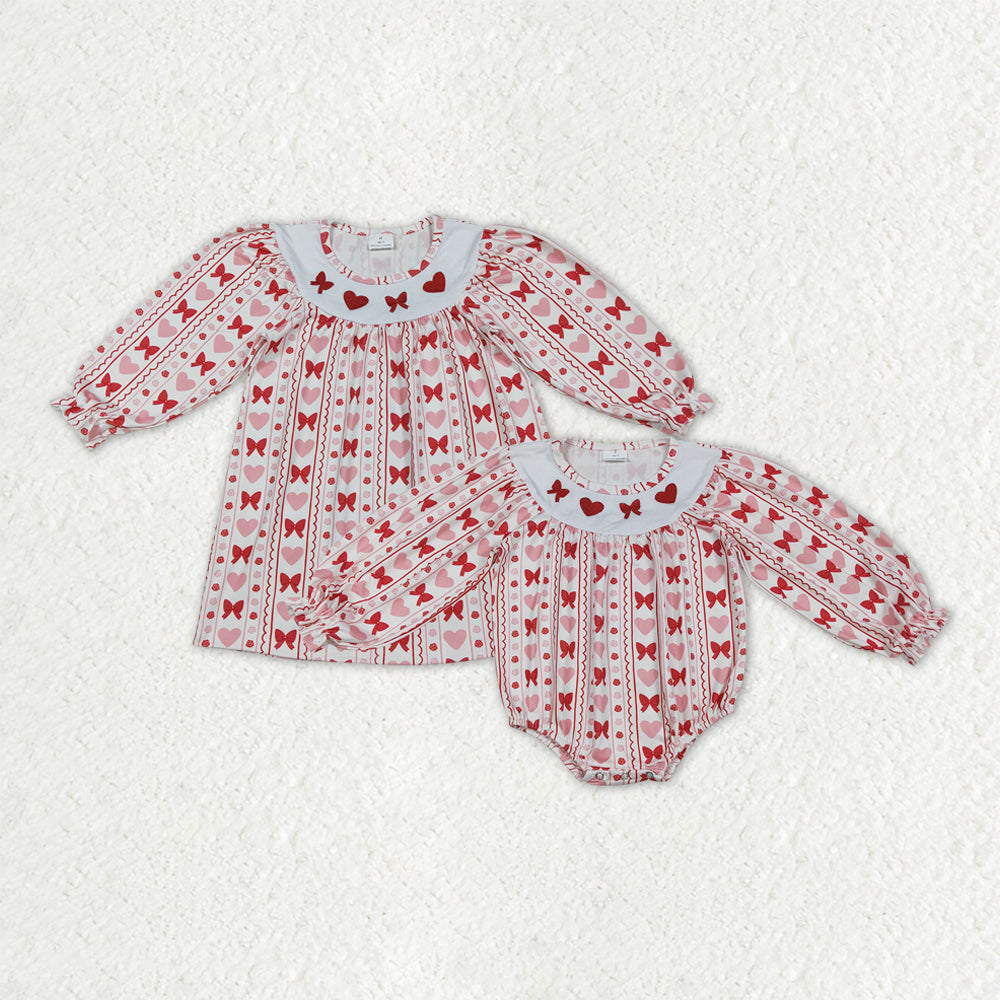 Sibling Embroidery Hearts Bows Baby Girls Valentine Knee Length Dresses Ruffle Rompers