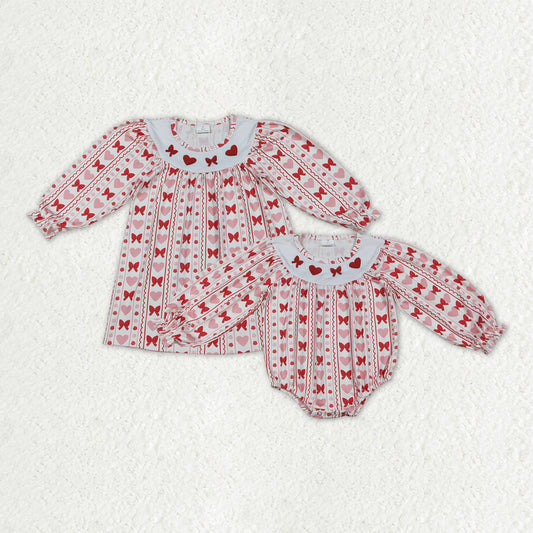 Sibling Embroidery Hearts Bows Baby Girls Valentine Knee Length Dresses Ruffle Rompers