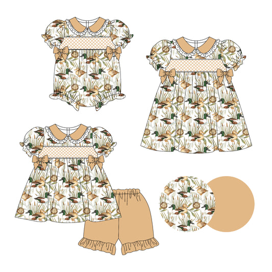 Preorder moq 5 Custom Baby Girls Khaki Short Ruffle Sleeves Ducks Bows Tunic Ruffle Short Set Knee Length Dress Rompers