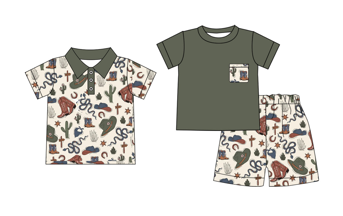 Preorder moq 5 Custom Baby Boys Green Short Sleeves Cactus Boots Top Short Set Polo Shirts Top