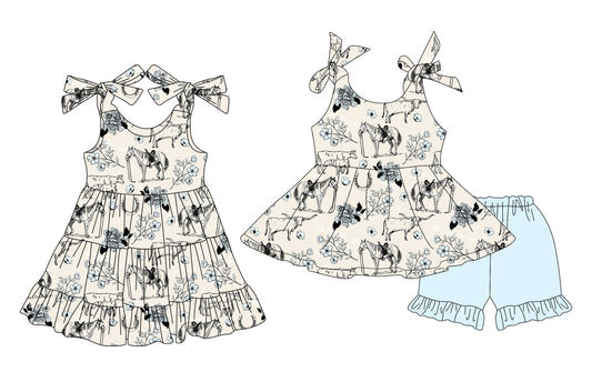 Preorder moq 5 Custom Baby Girls Horses Floral Tunic Blue Ruffle Short Set Knee Length Dress
