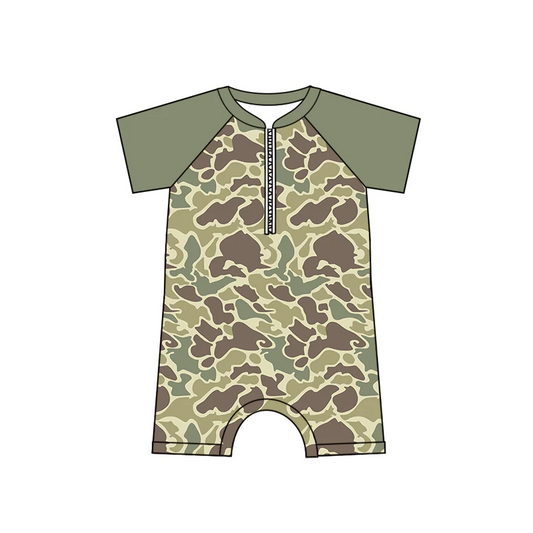 Baby Infant Boys Zip Green Camo Print Short Sleeve Rompers preorder split order May 28th