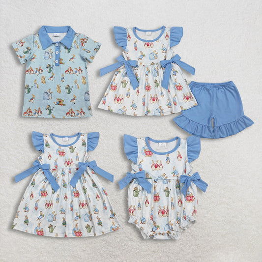 Sibling Baby Girls Rabbit Eggs Tunic Ruffle Shorts Easter Clothes Set Knee Length Dress Rompers