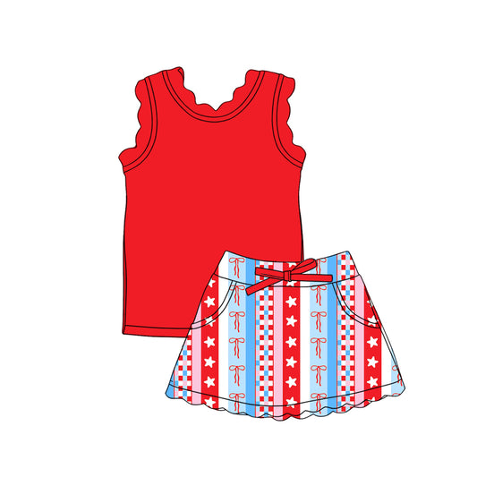 Preorder (moq 5)Baby Girls Red Vests Star Bows Stripe Scallop Pockets Skirt Shorts 4th of July Sets