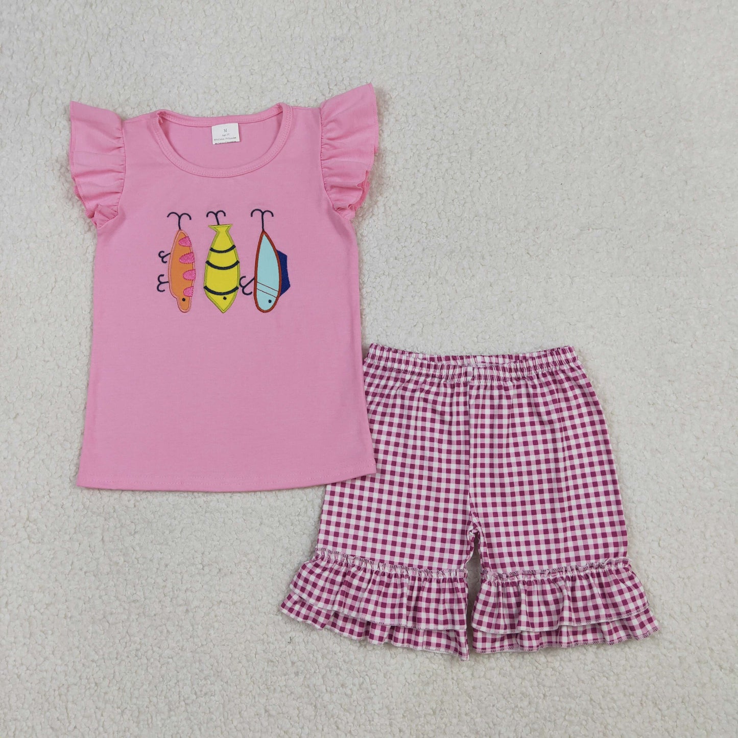 Embroidery Fishing Baby Girls Shirt Checked Ruffle Shorts Hunting Clothes Sets