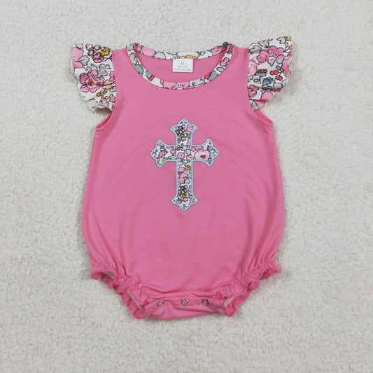 Embroidery Floral Crosses Baby Girls Flutter Sleeve Easter Ruffle Rompers
